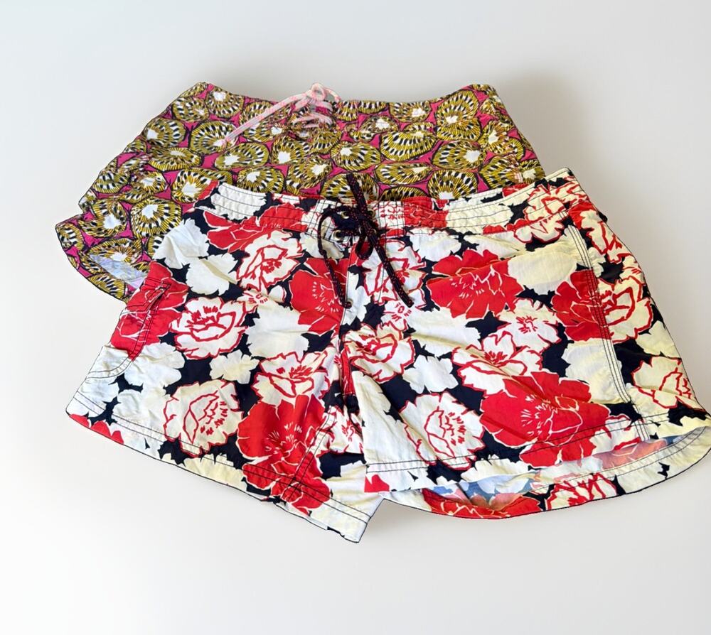 2 Pair of J Crew Paddle Short Womens Sz 6 Bright Pink Yellow Red Abstract Swim